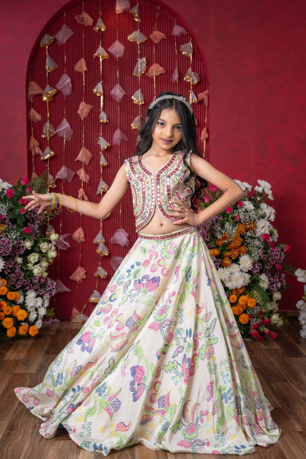 Embroidered Mirror Work Blouse and Floral Lehenga Set with Sheer Dupatta – Perfect for Weddings, Festivals, and Parties - Kirti Agarwal