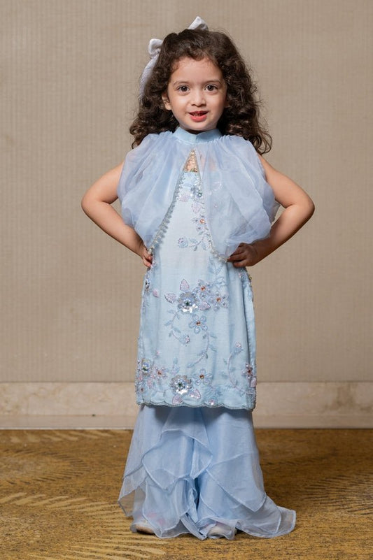 Enchanting pastel blue gown with floral embroidery and a cascading ruffle pants, perfect for making magical memories. - Kirti Agarwal