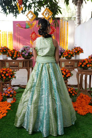 Enchanting Pastel Green Lehenga Set with Golden Embroidery – A Perfect Festive Pick for Graceful Looks - Kirti Agarwal