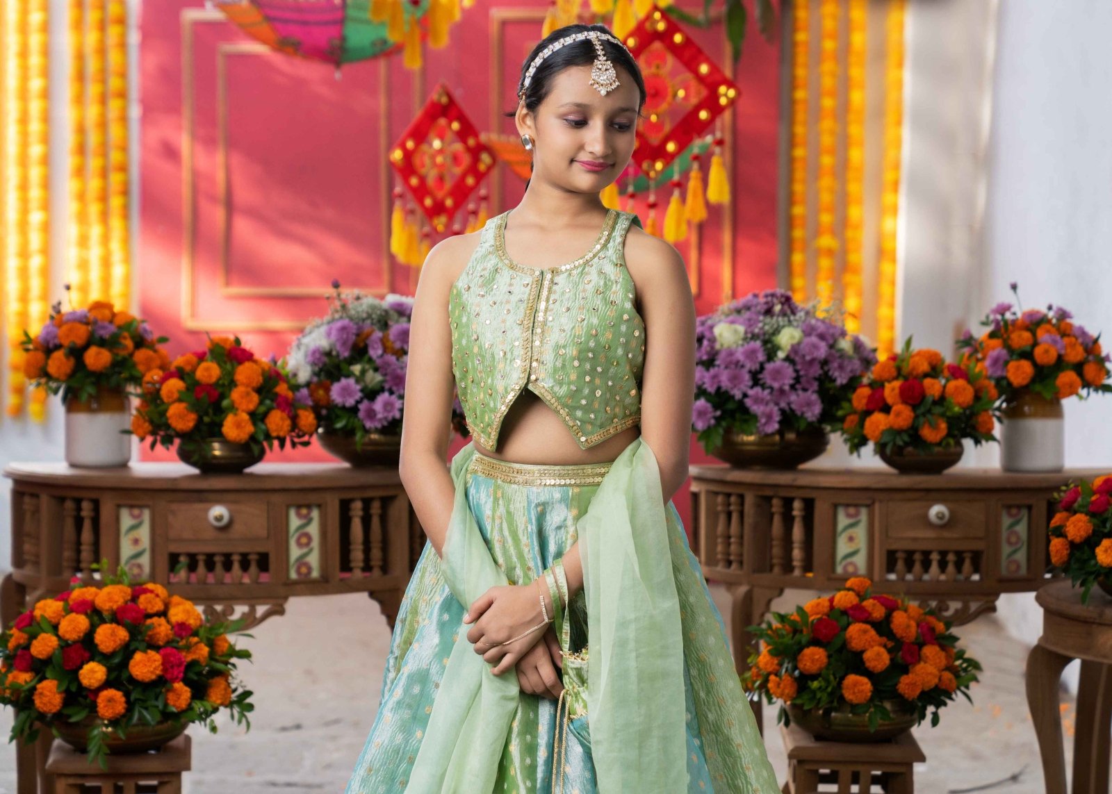 Enchanting Pastel Green Lehenga Set with Golden Embroidery – A Perfect Festive Pick for Graceful Looks - Kirti Agarwal