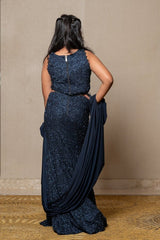 Exquisite navy blue crop top and Lahenga with intricate beadwork and dramatic sleeves, perfect for making a sophisticated statement at formal events. - Kirti Agarwal