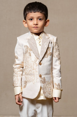 Exquisite off - white and gold embroidered suit for boys, perfect for weddings and festive celebrations - Kirti Agarwal