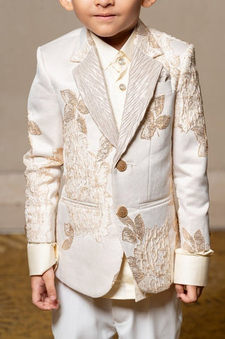 Exquisite off - white and gold embroidered suit for boys, perfect for weddings and festive celebrations - Kirti Agarwal