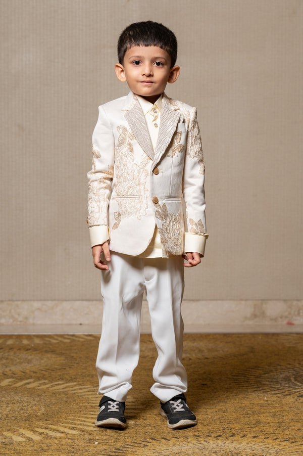 Exquisite off - white and gold embroidered suit for boys, perfect for weddings and festive celebrations - Kirti Agarwal