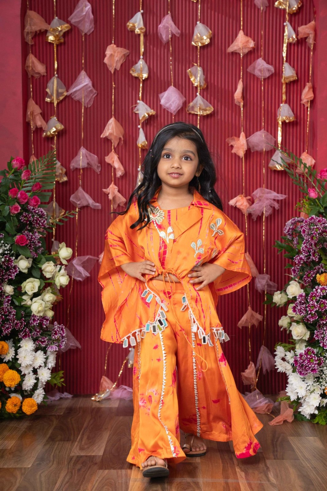 Festive Orange Tie - Dye Cape Top and Flared Palazzo Set for Kids - Kirti Agarwal