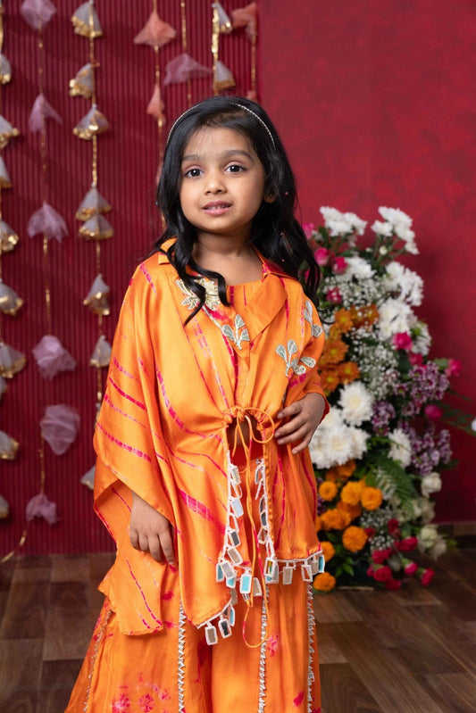 Festive Orange Tie - Dye Cape Top and Flared Palazzo Set for Kids - Kirti Agarwal