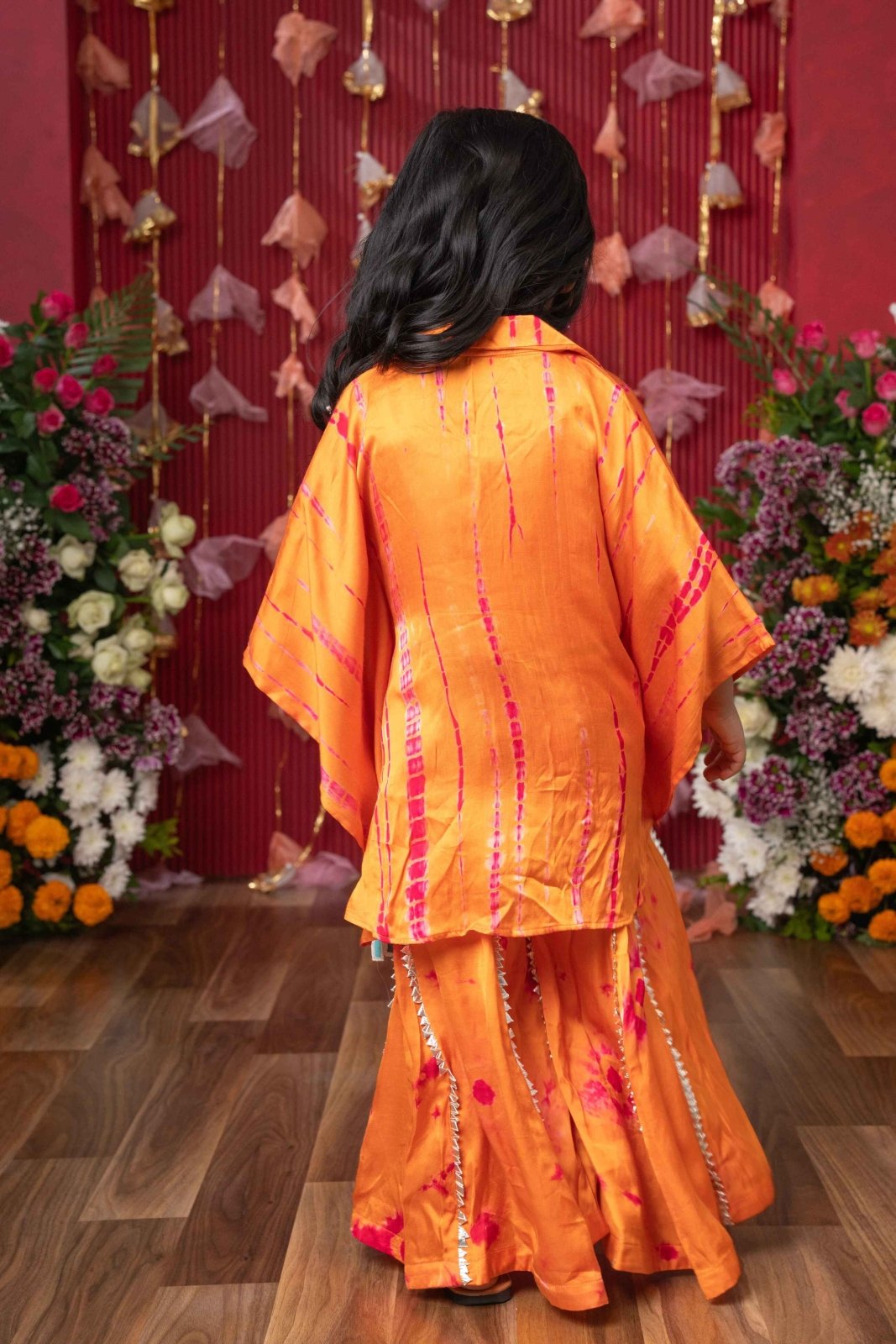 Festive Orange Tie - Dye Cape Top and Flared Palazzo Set for Kids - Kirti Agarwal