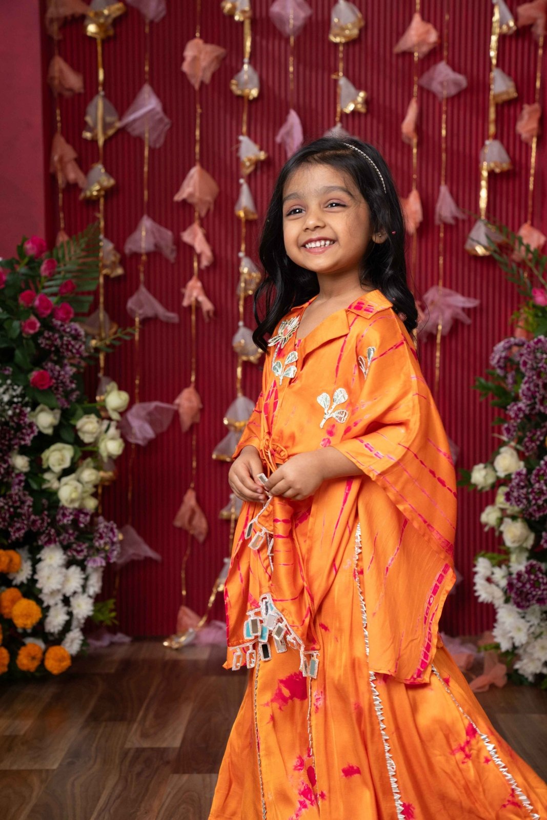 Festive Orange Tie - Dye Cape Top and Flared Palazzo Set for Kids - Kirti Agarwal