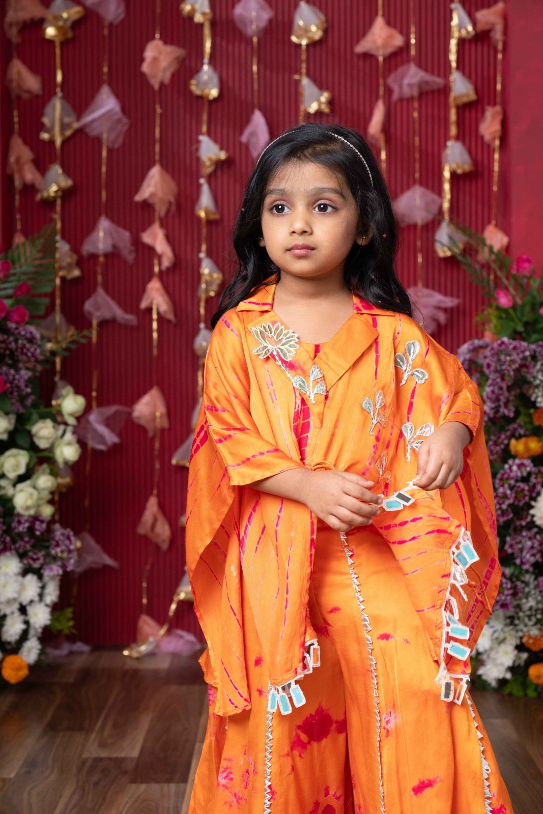 Festive Orange Tie - Dye Cape Top and Flared Palazzo Set for Kids - Kirti Agarwal