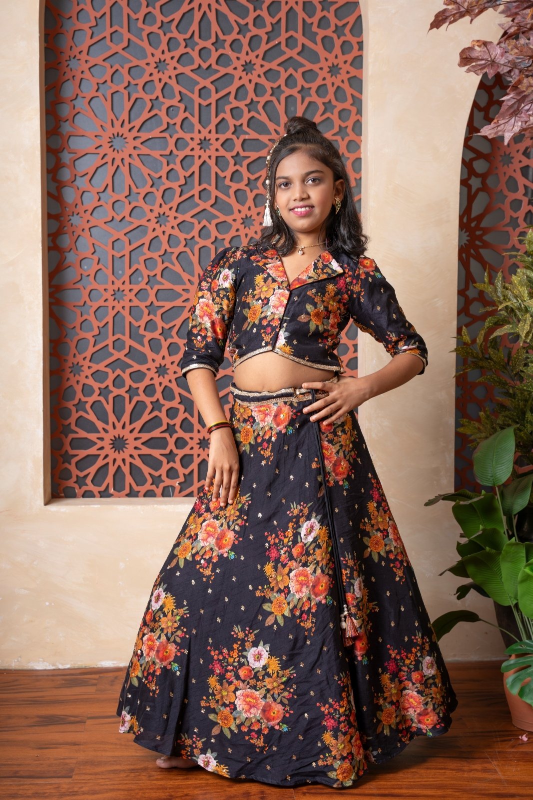 Floral Printed Embroidered Collar Top And Lehenga & Black Kurta And Floral Printed Embroidered Jacket With Pyjama - Kirti Agarwal