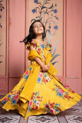 Floral Printed Embroidered Top And Lehenga & Yellow Kurta Embroidered Jacket With Pyjama
