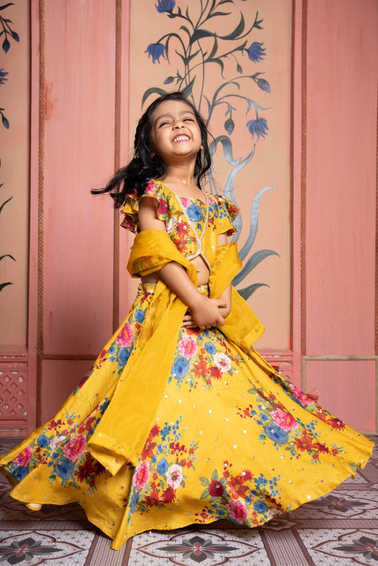 Floral Printed Sequin Embroidered Top And Lehenga With Matching Dupatta & Yellow Kurta And Floral Printed Embroidered Jacket With Pyjama - Kirti Agarwal