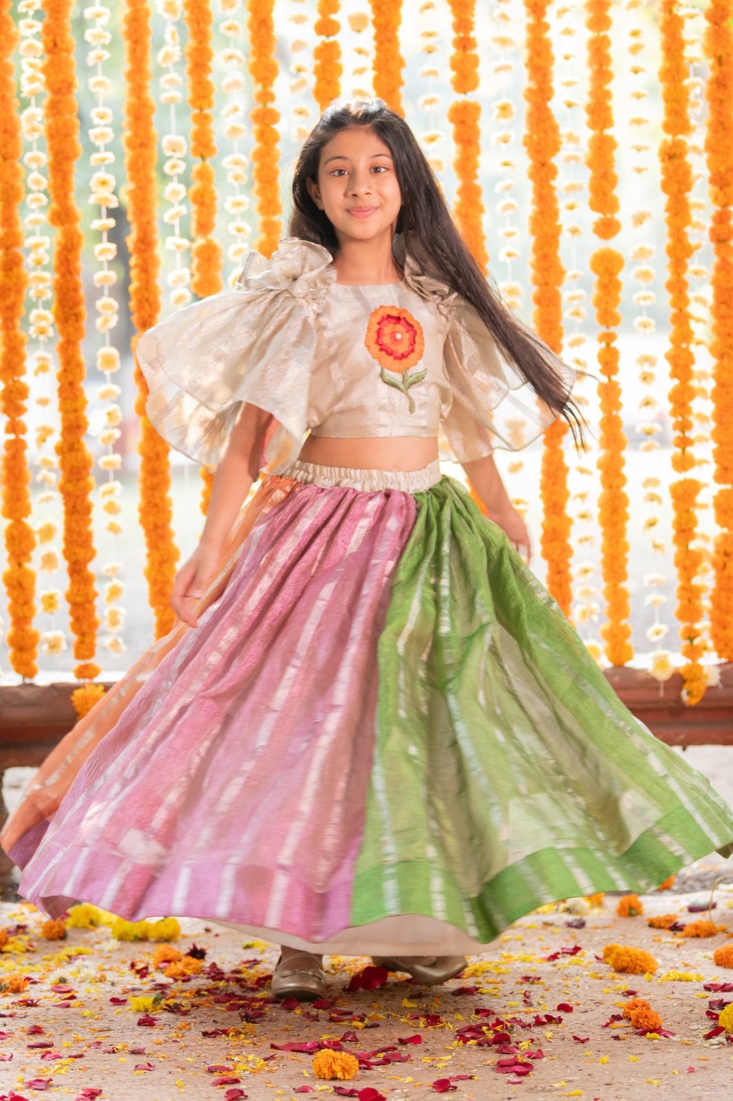 Flower embroidered crop top with panelled Lahenga - Kirti Agarwal