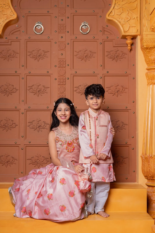Fringe - Detailed Embroidered Top With Lehenga And Net Dupatta With Matching Potli Bag &  Floral Printed Kurta With Pocket - Detail Jacket And Pyjama - Kirti Agarwal