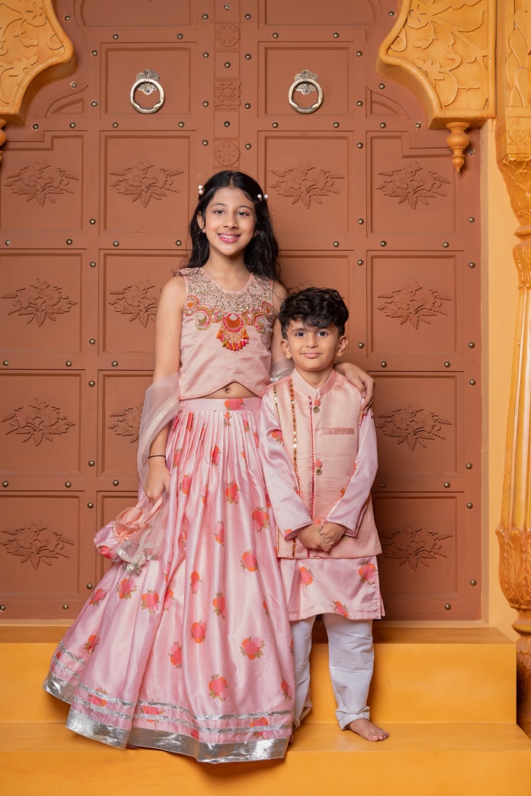 Fringe - Detailed Embroidered Top With Lehenga And Net Dupatta With Matching Potli Bag &  Floral Printed Kurta With Pocket - Detail Jacket And Pyjama - Kirti Agarwal