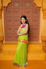 Girls festive sharara set in vibrant pink and lime green, crafted in soft Georgette with Brocade Silk accents, featuring mirror work, sequins, and elegant detailing – perfect ethnic wear for weddings, parties, and celebrations - Kirti Agarwal
