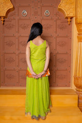 Girls festive sharara set in vibrant pink and lime green, crafted in soft Georgette with Brocade Silk accents, featuring mirror work, sequins, and elegant detailing – perfect ethnic wear for weddings, parties, and celebrations - Kirti Agarwal
