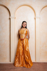 Royal golden silk kurta with dhoti & Crop Top with Embroidered Palazzo Pants