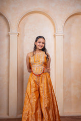 Girls Golden - Orange Brocade Crop Top with Embroidered Palazzo Pants – Festive Ethnic Party Wear for Weddings & Celebrations. - Kirti Agarwal