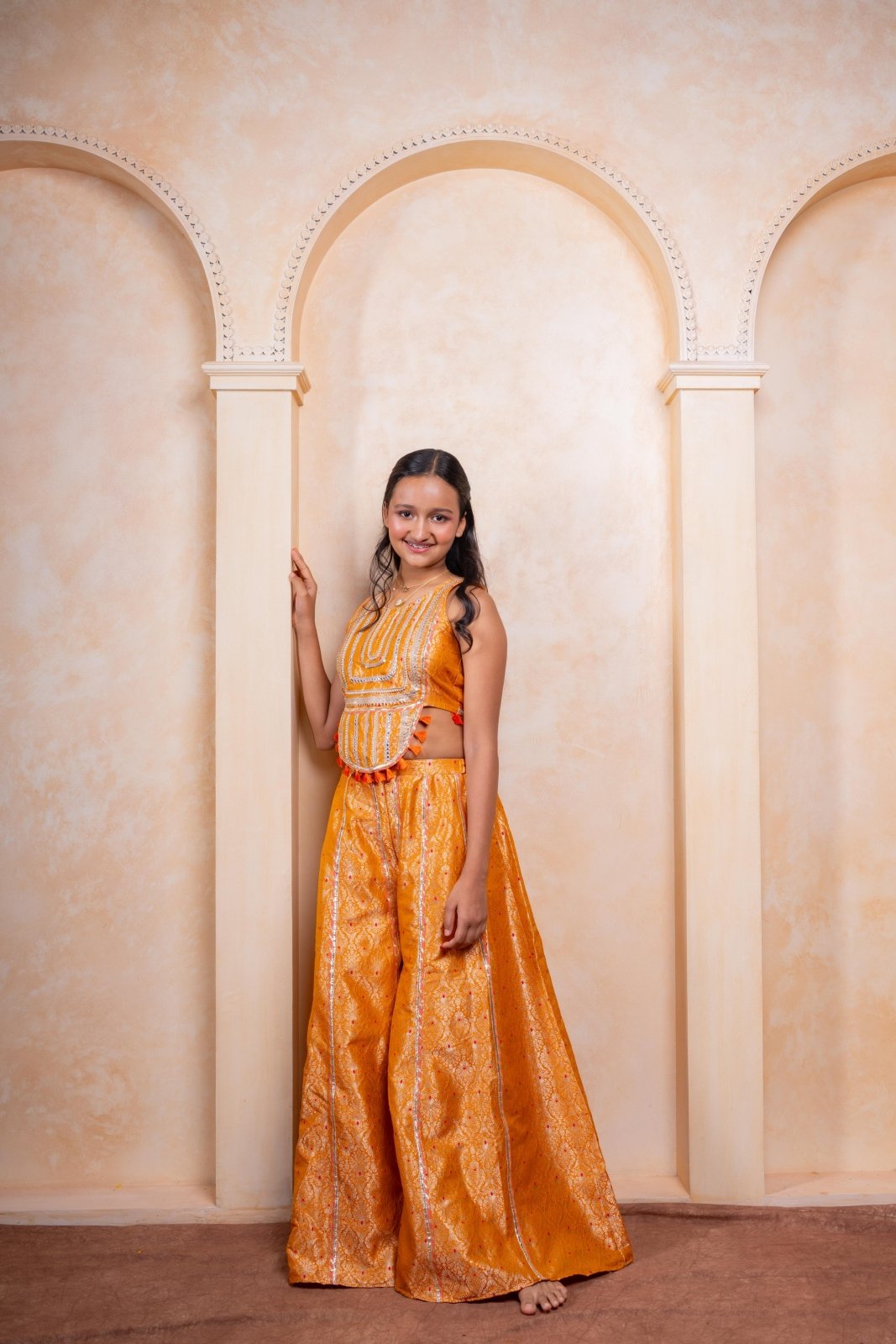 Girls Golden - Orange Brocade Crop Top with Embroidered Palazzo Pants – Festive Ethnic Party Wear for Weddings & Celebrations. - Kirti Agarwal