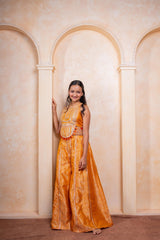 Girls Golden - Orange Brocade Crop Top with Embroidered Palazzo Pants – Festive Ethnic Party Wear for Weddings & Celebrations. - Kirti Agarwal