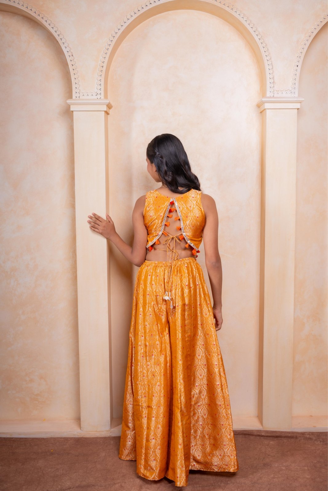 Girls Golden - Orange Brocade Crop Top with Embroidered Palazzo Pants – Festive Ethnic Party Wear for Weddings & Celebrations. - Kirti Agarwal