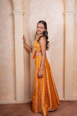 Girls Golden - Orange Brocade Crop Top with Embroidered Palazzo Pants – Festive Ethnic Party Wear for Weddings & Celebrations. - Kirti Agarwal