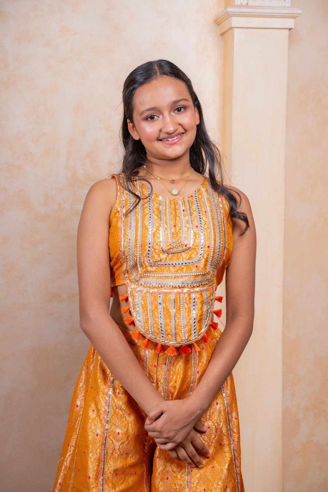 Girls Golden - Orange Brocade Crop Top with Embroidered Palazzo Pants – Festive Ethnic Party Wear for Weddings & Celebrations. - Kirti Agarwal