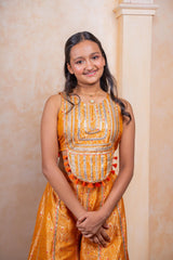 Girls Golden - Orange Brocade Crop Top with Embroidered Palazzo Pants – Festive Ethnic Party Wear for Weddings & Celebrations. - Kirti Agarwal