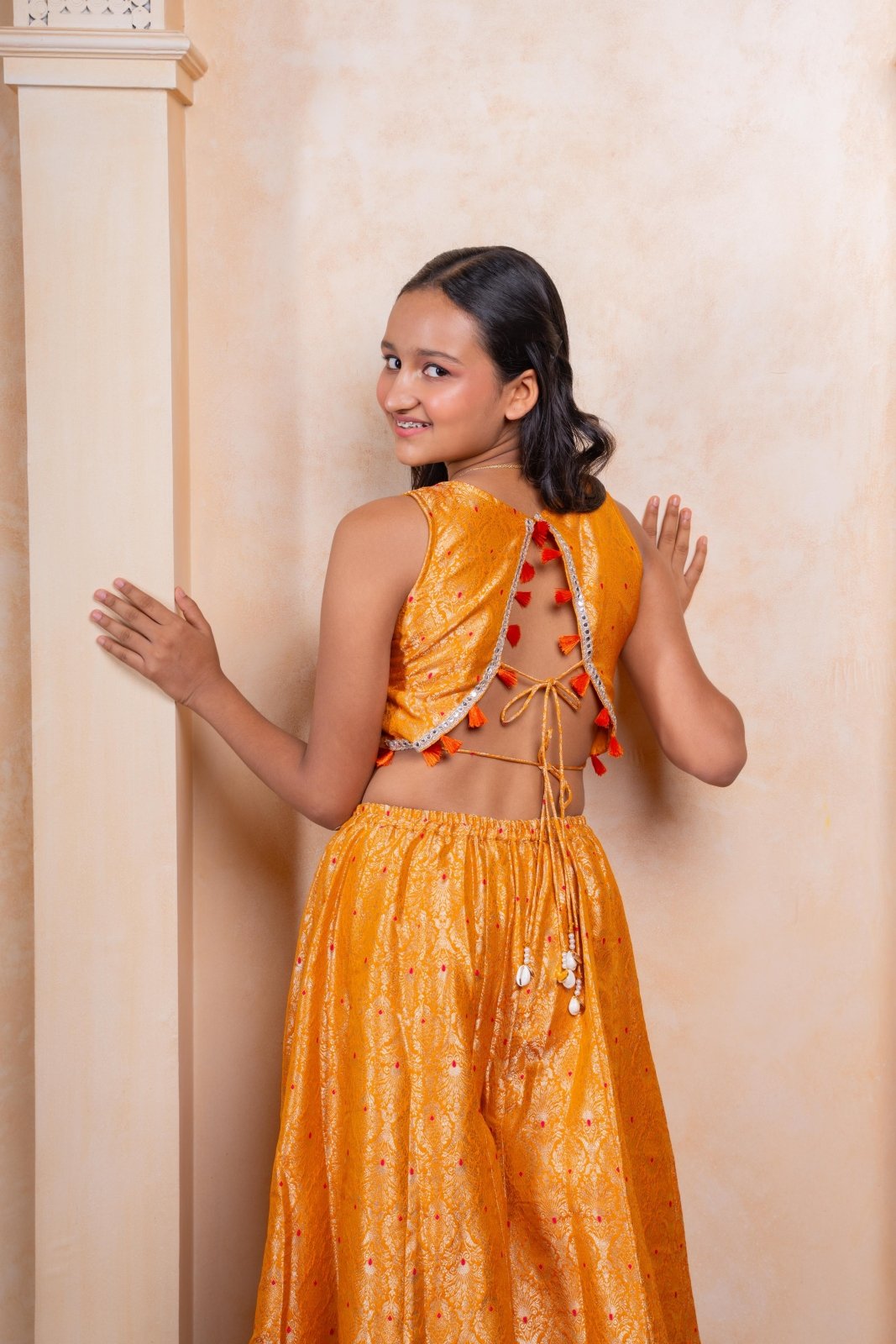 Girls Golden - Orange Brocade Crop Top with Embroidered Palazzo Pants – Festive Ethnic Party Wear for Weddings & Celebrations. - Kirti Agarwal