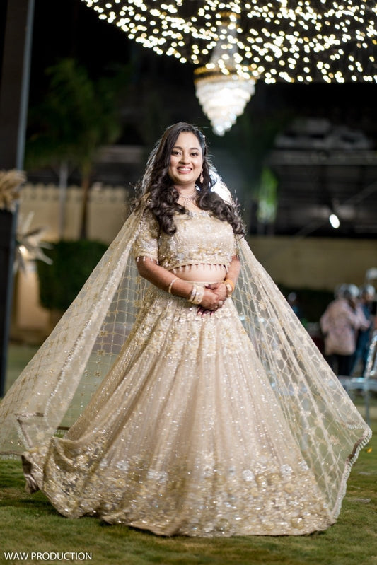 Gold Sequin Embellished Lehenga Set with Net Dupatta - Kirti Agarwal