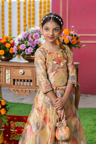 Golden Glow: Festive Ikat print Lehenga Set for Kids - Kirti Agarwal