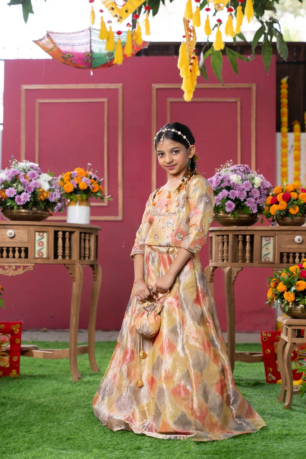 Golden Glow: Festive Ikat print Lehenga Set for Kids - Kirti Agarwal