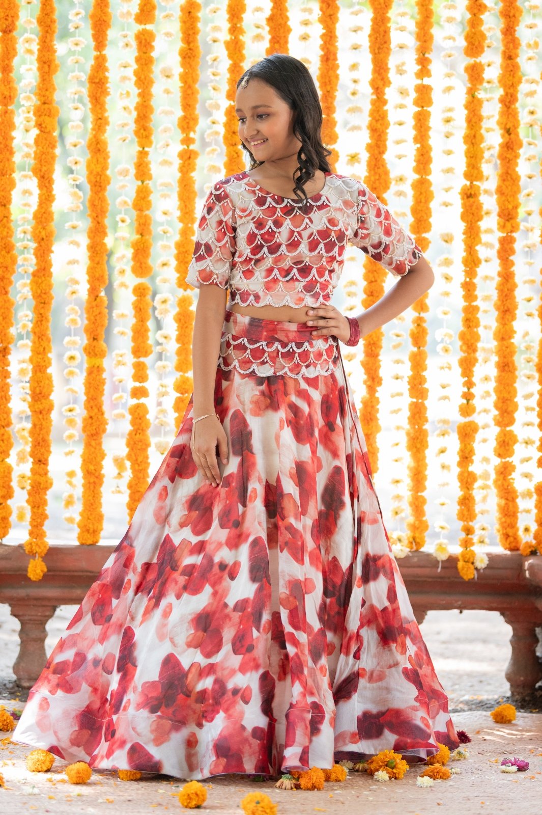 Heavy Pearl Beaded Work Top With floral Print Lehenga - Kirti Agarwal