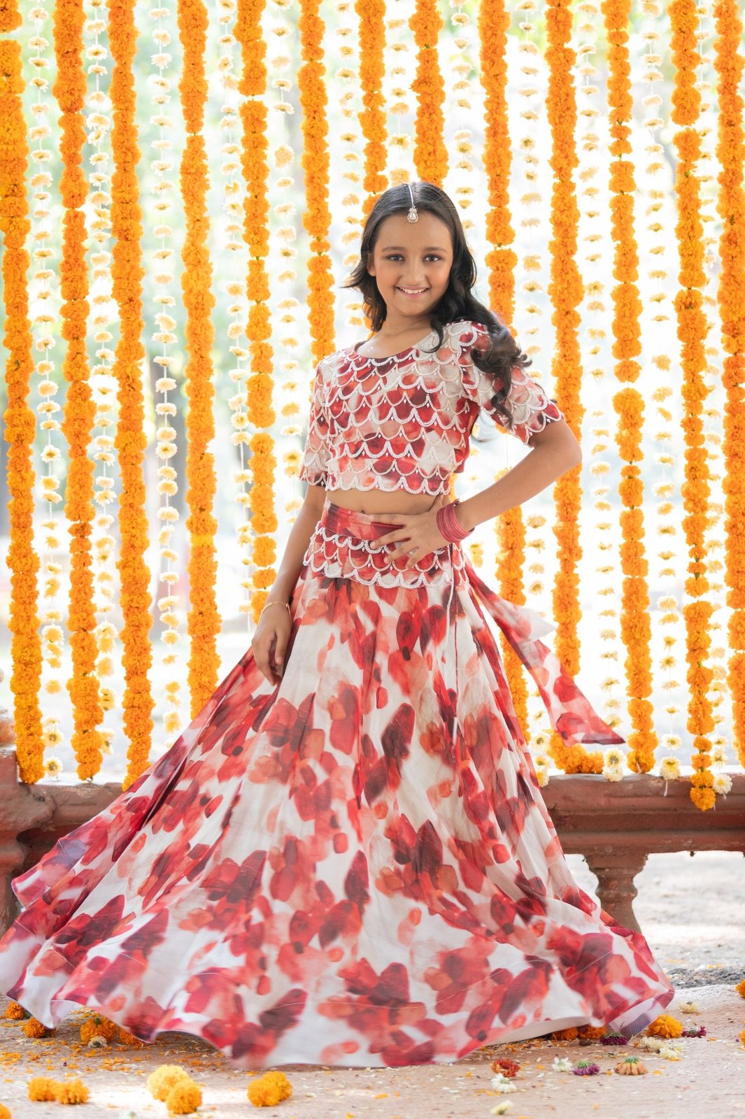 Heavy Pearl Beaded Work Top With floral Print Lehenga - Kirti Agarwal