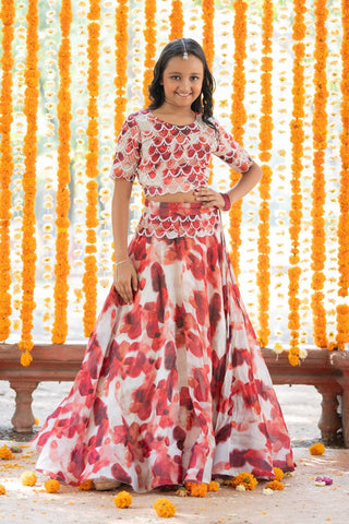 Heavy Pearl Beaded Work Top With floral Print Lehenga