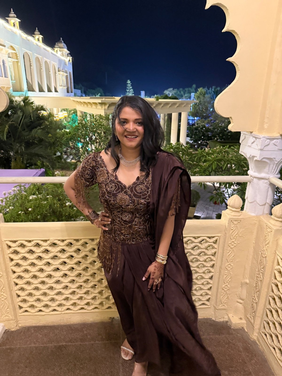 Indo - Western brown pre - stitched saree - Kirti Agarwal