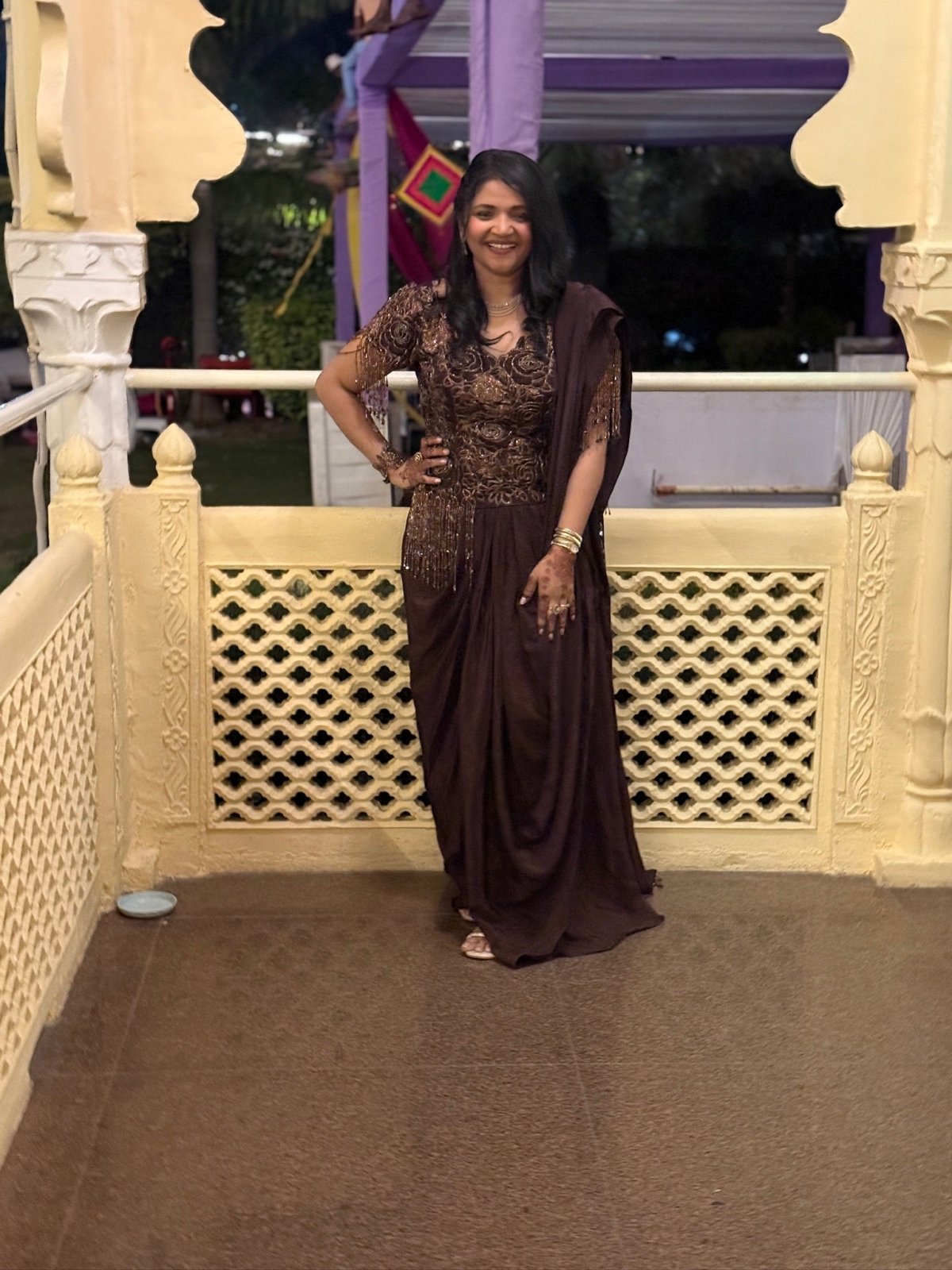 Indo - Western brown pre - stitched saree - Kirti Agarwal