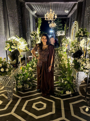 Indo-Western brown pre-stitched saree