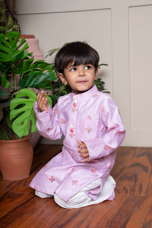 Lavender kurta with dhoti & pastel yellow floral embroidered kurta set - Kirti Agarwal