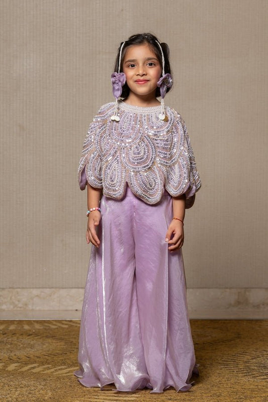 Lilac coloured crop top with heavy embroidered cape and Pants - Kirti Agarwal