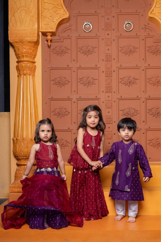 maroon crop top and purple lehenga set for girls & Maroon festive set with embroidered peplum top and flared skirt & Purple Embroidered Flap Kurta With White Pyjama - Kirti Agarwal