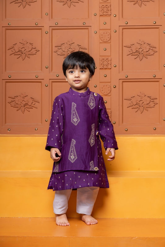 Maroon kid's festive set with embroidered peplum top and flared skirt & Purple Embroidered Flap Kurta With White Pyjama - Kirti Agarwal