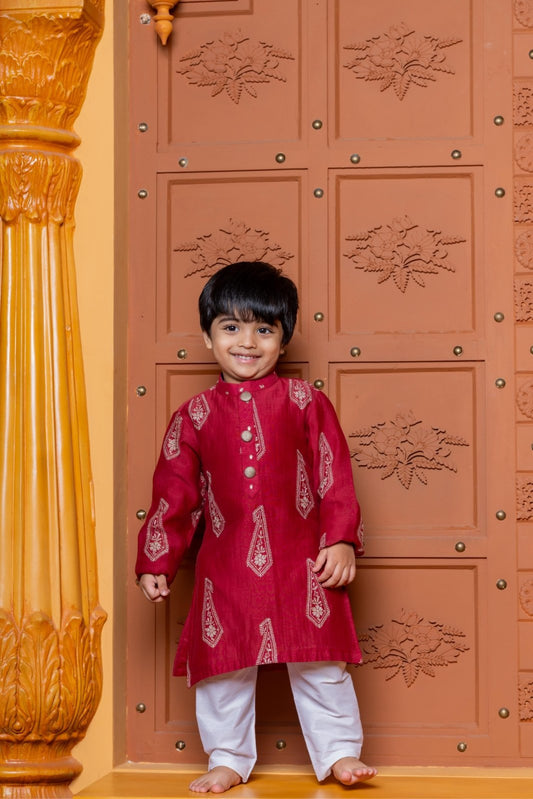 Maroon kids’ festive set with embroidered peplum top and flared skirt & Red Embroidered Kurta With White Pyjama - Kirti Agarwal