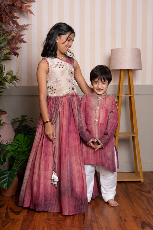 Maroon - Pink kurta set & Elegant floral - embroidered top with ombre - dyed flared Lehenga. - Kirti Agarwal