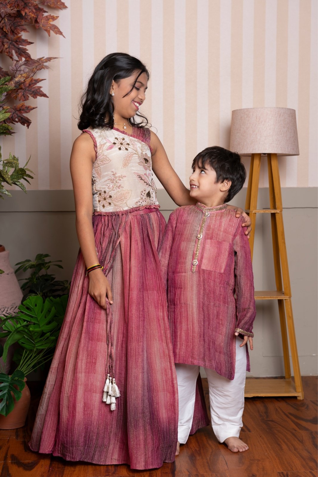Maroon - Pink kurta set & Elegant floral - embroidered top with ombre - dyed flared Lehenga. - Kirti Agarwal
