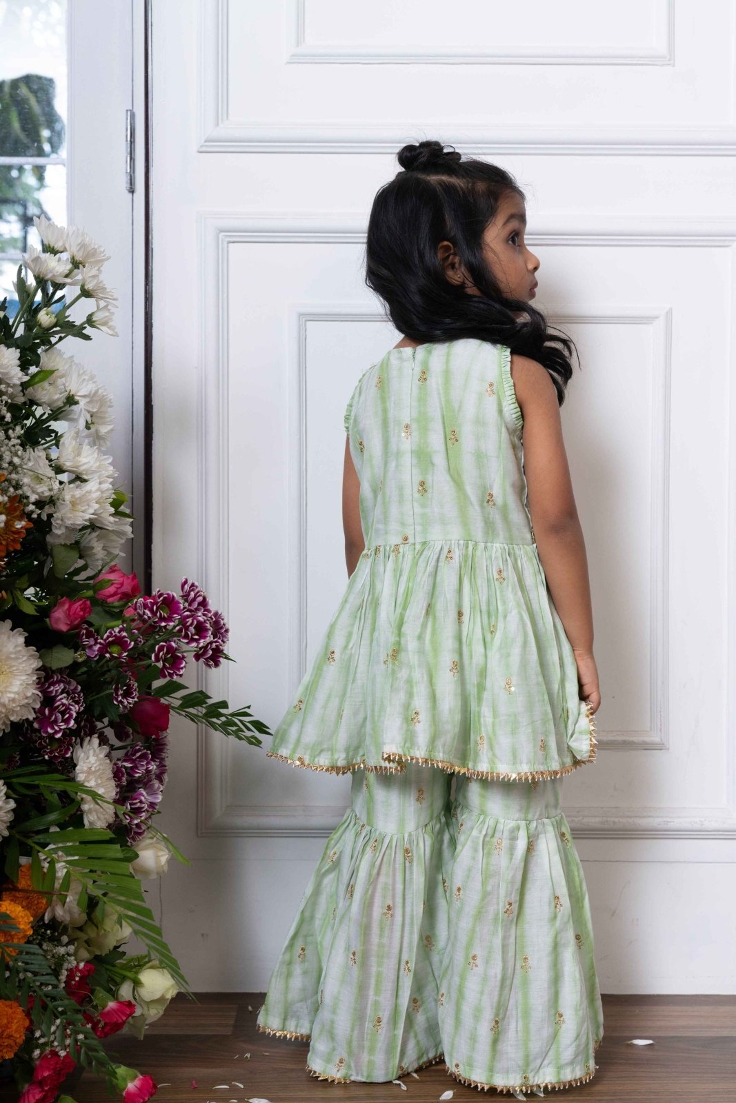 Mint Green Peplum Top and Sharara Set with Golden Embroidery for Kids - Kirti Agarwal