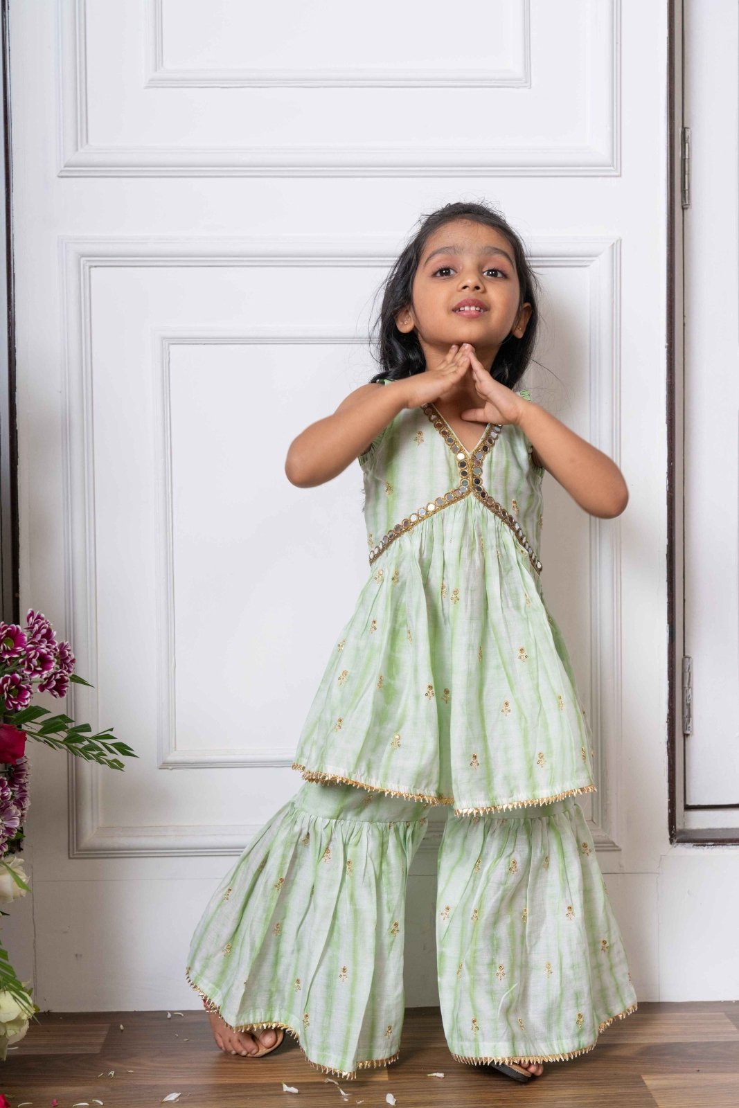 Mint Green Peplum Top and Sharara Set with Golden Embroidery for Kids - Kirti Agarwal