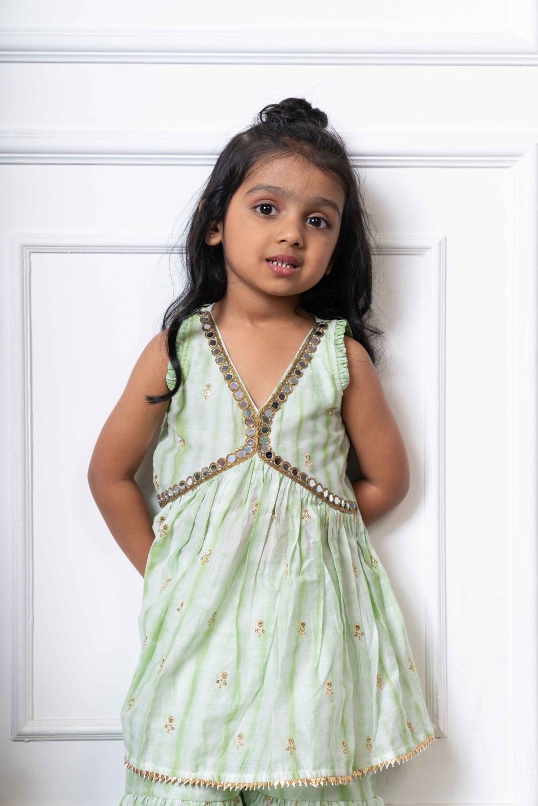 Mint Green Peplum Top and Sharara Set with Golden Embroidery for Kids - Kirti Agarwal