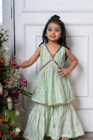 Mint Green Peplum Top and Sharara Set with Golden Embroidery for Kids - Kirti Agarwal